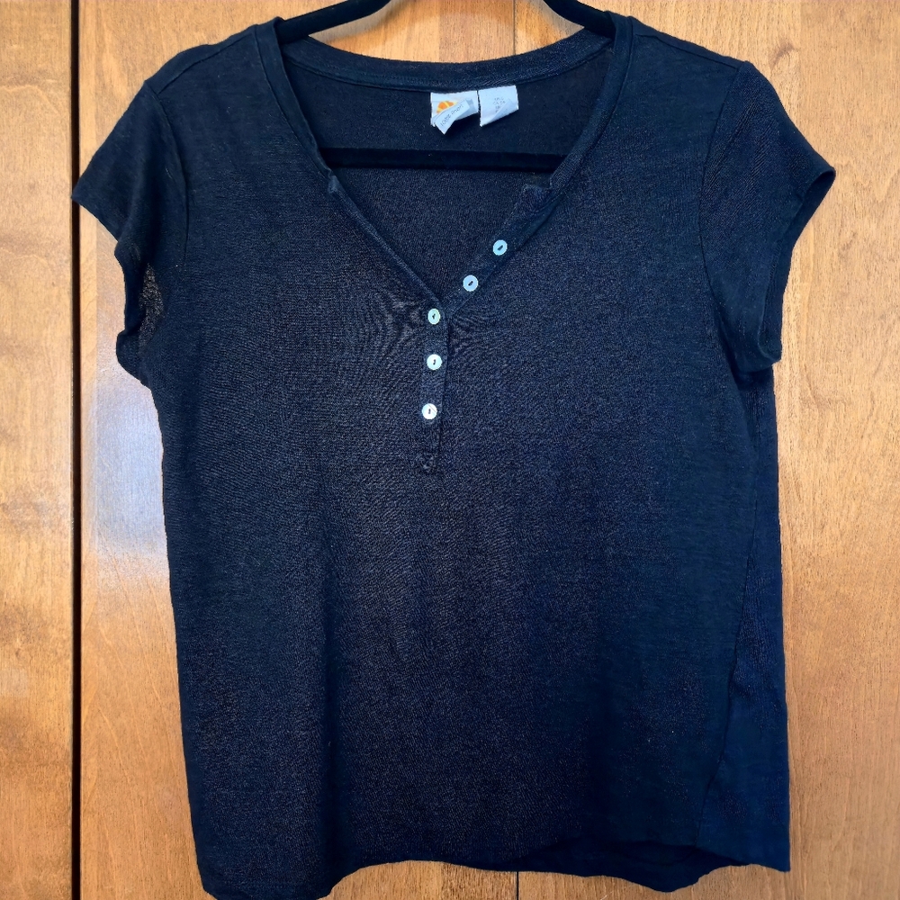 C&C California Black Linen Henley Tee with Shell Buttons